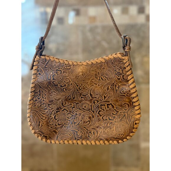 Vintage-Style Tooled Leather Handbag With Floral Design & Whipstitch Detail - Picture 2 of 6